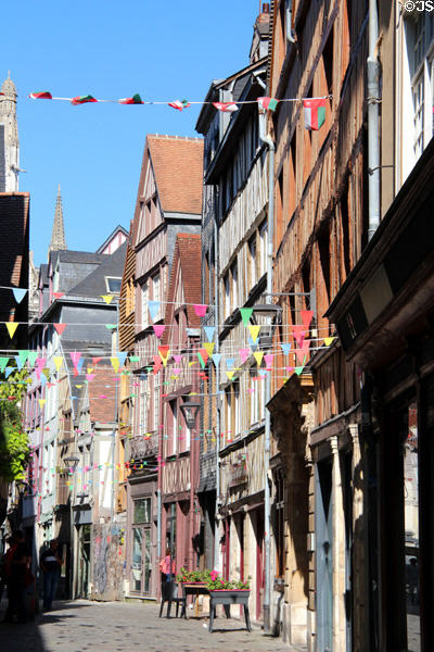 Narrow street with half-timbered buildings. Rouen, France.