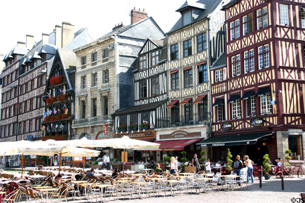 Half-timbered heritage buildings around market. Rouen, France.
