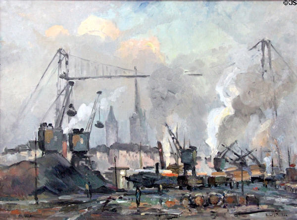 Rouen port & Transbordeur Bridge painting (1900s) by Robert-Antoine Pinchon at Rouen Museum of Fine Arts. Rouen, France.