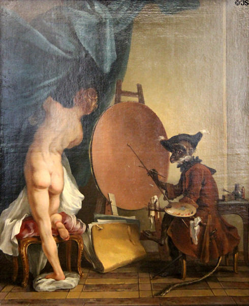 Monkey painter painting (18th\c) by unknown of France at Rouen Museum of Fine Arts. Rouen, France.