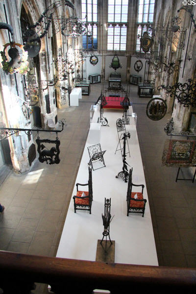 Overview of Musée le Secq des Tournelles (Museum of Wrought Iron / Ironwork) in former Saint-Laurent Gothic church. Rouen, France.