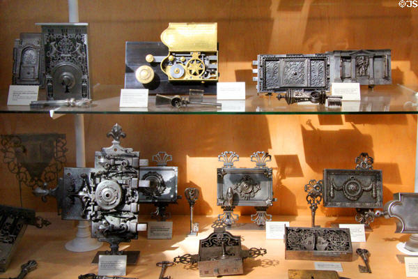 Collection of antique door locks at Wrought Iron Museum. Rouen, France.