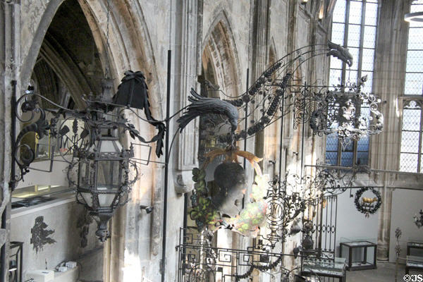 Wrought iron cantilevered shop signs at Wrought Iron Museum. Rouen, France.