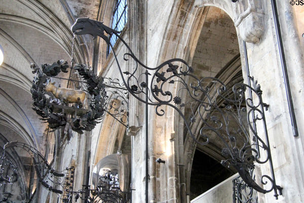 Wrought iron cantilevered shop signs at Wrought Iron Museum. Rouen, France.