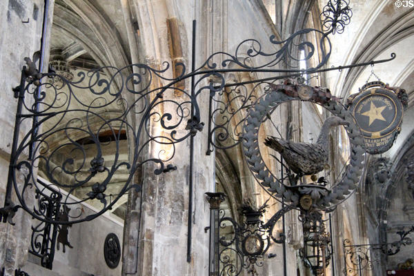 Wrought iron cantilevered shop signs at Wrought Iron Museum. Rouen, France.