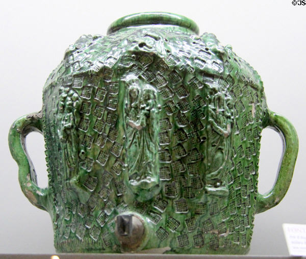 Glazed earth water dispenser (mid 17thC) from Auge, France at Rouen Ceramic Museum. Rouen, France.