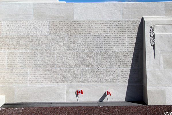 Names of Canadian World War I dead carved on base of Vimy Ridge Memorial. Vimy, France.
