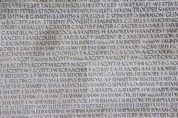 Names of Canadian World War I dead carved on base of Vimy Ridge Memorial. Vimy, France.
