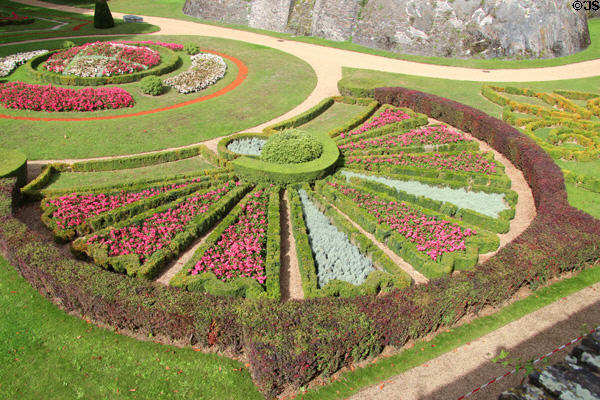 Looking down on formal garden in moat of Angers Chateau. Angers, France.