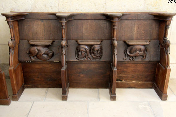 Fantastical carvings on choir stalls at Angers Chateau. Angers, France.