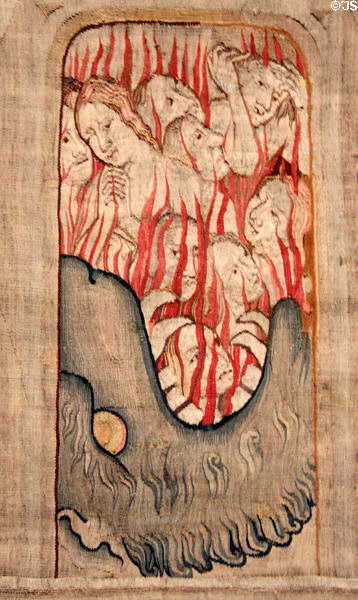 Burning in hell detail of Fourth seal: pale horse & death from Apocalypse Tapestry at Angers Chateau. Angers, France.