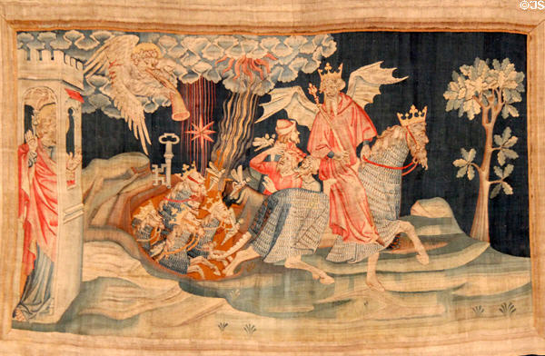 Fifth trumpet: locusts from Apocalypse Tapestry at Angers Chateau. Angers, France.