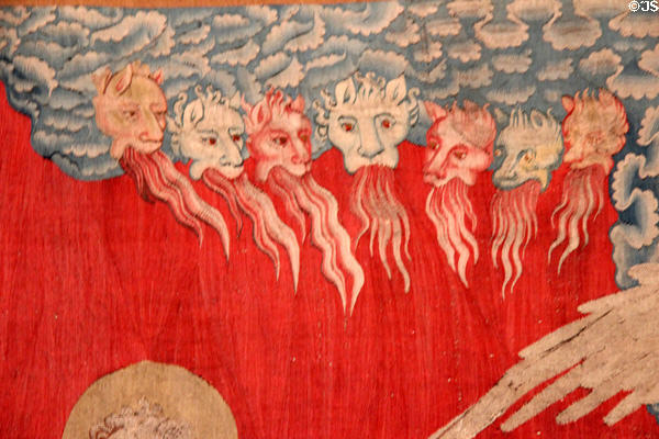 Detail of Angels with Book from Apocalypse Tapestry at Angers Chateau. Angers, France.