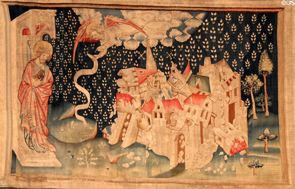 Second angel announces fall of Babylon from Apocalypse Tapestry at Angers Chateau. Angers, France.