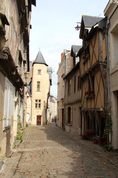 Facades of ancient buildings in Angers old town. Angers, France.