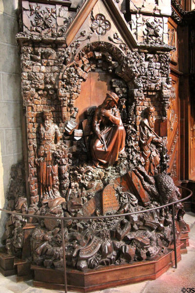 Detailed carving at base of pulpit at St Maurice of Angers Cathedral. Angers, France.