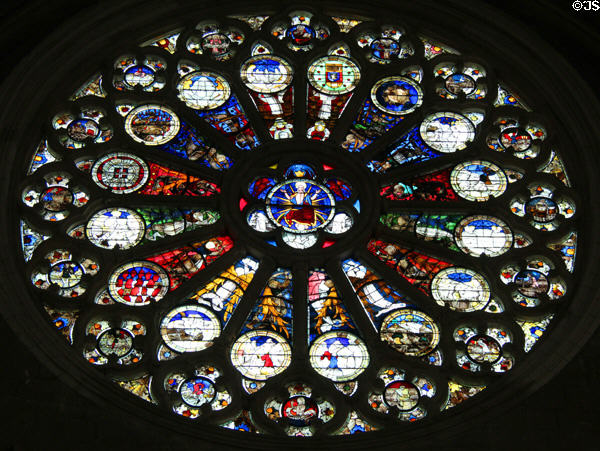 North rose window (1452) by André Robin representing the Last Judgment & End of Time at St Maurice of Angers Cathedral. Angers, France.