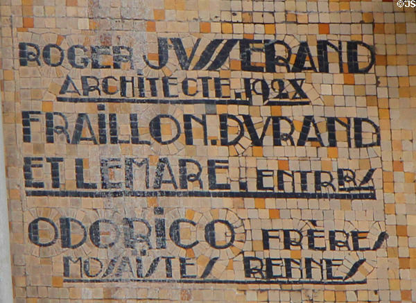 Plaque crediting architect Roger Jusserand & mosaic designer Isidore Odorico et al on La Maison Bleue. Angers, France.