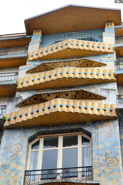 Ornate mosaic tile pattern designed by Isidore Odorico on La Maison Bleue. Angers, France.