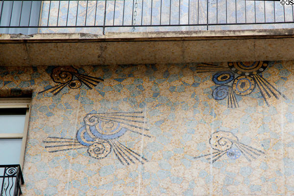 Detail of mosaic tile design by Isidore Odorico covering La Maison Bleue. Angers, France.