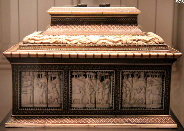Chest carved in wood with scenes of life of Paris (end 14thC) from the Embriachi family workshop in Venice at Angers Fine Arts Museum. Angers, France.