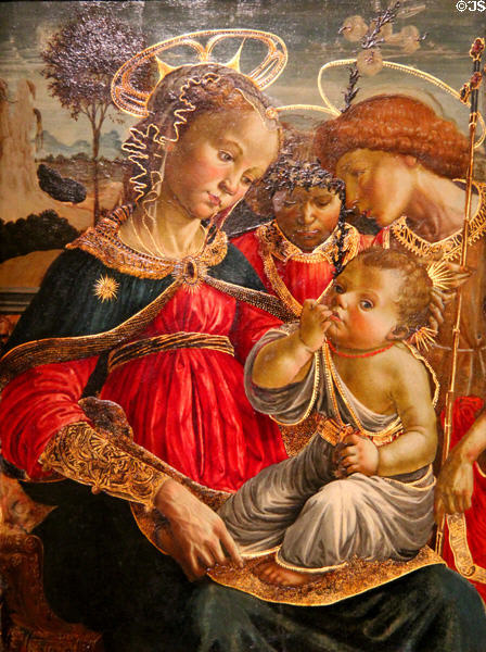 The Virgin, John the Baptist & an angel adore the Infant Jesus painting (2nd half 14thC) attrib. to Sandro Botticelli at Angers Fine Arts Museum. Angers, France.