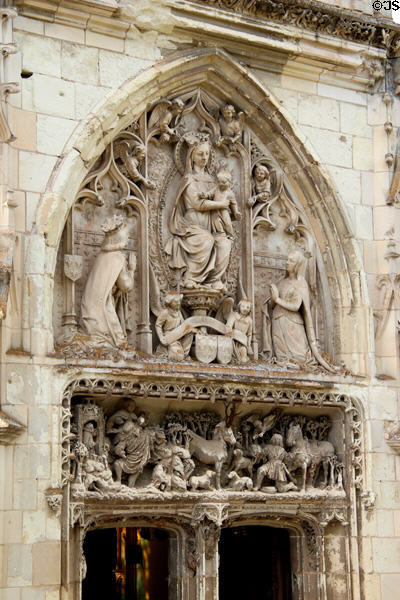 Carvings over portal of St Hubert's Chapel at Chateau Royal of Amboise. Amboise, France.