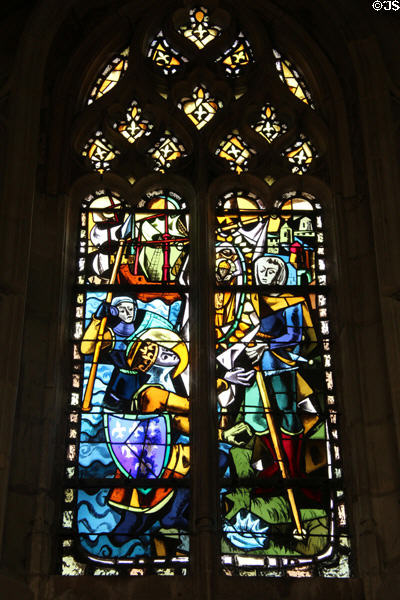 Stained glass window (1952) of life of St Louis in St Hubert's Chapel at Chateau Royal of Amboise. Amboise, France.