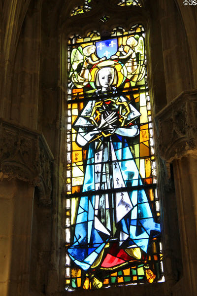 Stained glass window (1952) of life of St Louis in St Hubert's Chapel at Chateau Royal of Amboise. Amboise, France.