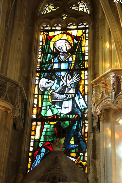 Stained glass window (1952) of life of St Louis in St Hubert's Chapel at Chateau Royal of Amboise. Amboise, France.