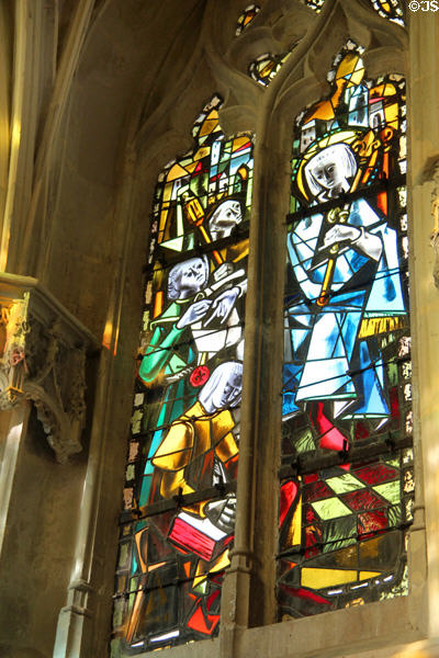 Stained glass window (1952) of life of St Louis in St Hubert's Chapel at Chateau Royal of Amboise. Amboise, France.