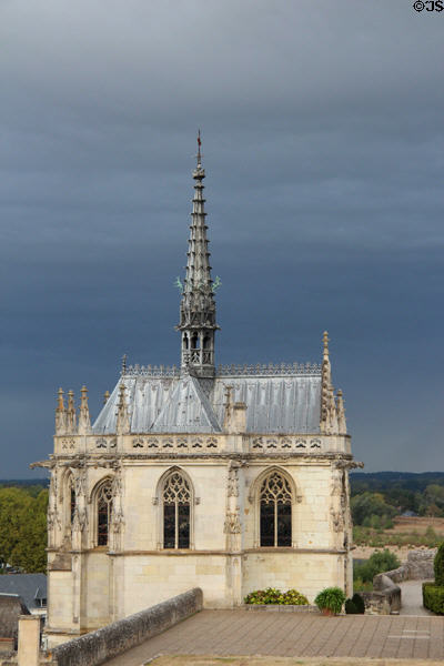View of St Hubert's Chapel against darkening sky at Chateau Royal of Amboise. Amboise, France.