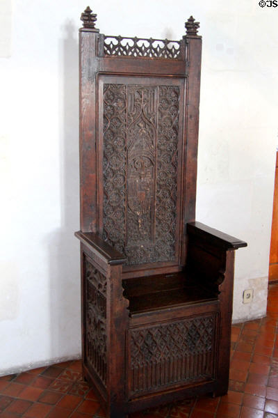 Ornate bishop's chair (late 15th, early 16thC) in Drummers' Room, Royal Lodge at Chateau Royal of Amboise. Amboise, France.