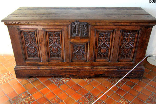 Chest with royal emblems (15thC) of the type used by Charles VIII when traveling in Drummers' Room of Royal Lodge at a Chateau Royal of Amboise. Amboise, France.