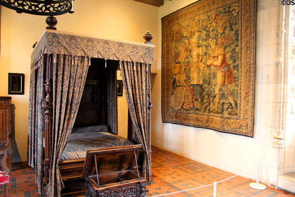 Henri II style canopy bed in King's bedchamber in Royal Lodge at Chateau Royal of Amboise. Amboise, France.