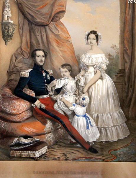 Last Days of Happiness engraving of Ferdinand-Philippe, Duke of Orléans & his family in Orléans bedroom in Royal Lodge at Chateau Royal of Amboise. Amboise, France.