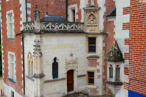 Small gothic chapel of sculpted tufa stone (late 15thC) tucked into corner of Château de Clos Lucé. Amboise, France.