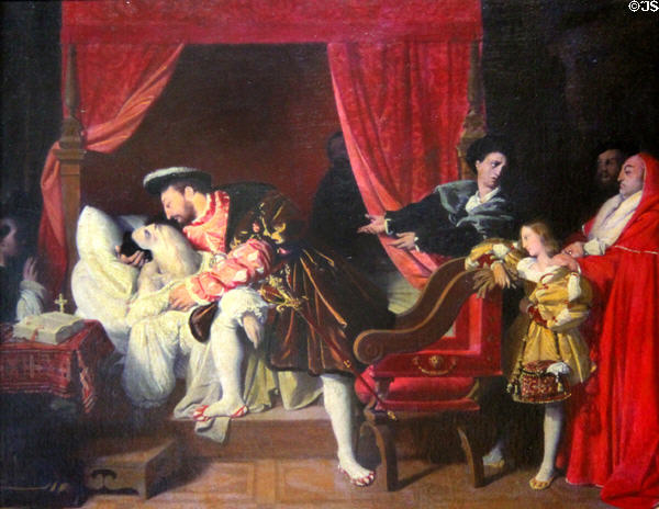 Francois I at the death bed of Leonardo Da Vinci painting at Château de Clos Lucé. Amboise, France.