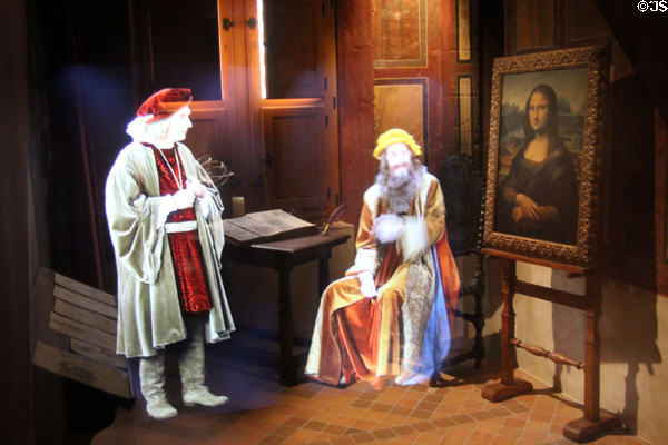 Snapshot of 3D optical theatre presentation about meeting of Da Vinci & Cardinal of Aragon in Da Vinci workshops at Château de Clos Lucé. Amboise, France.