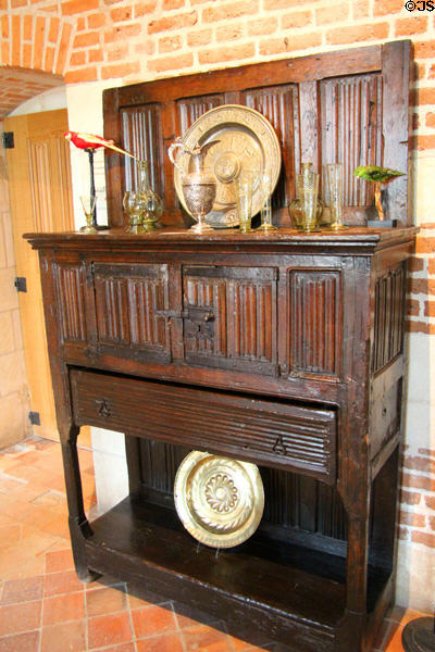 Carved wooden cabinet dating from Renaissance in Great Hall at Château de Clos Lucé. Amboise, France.
