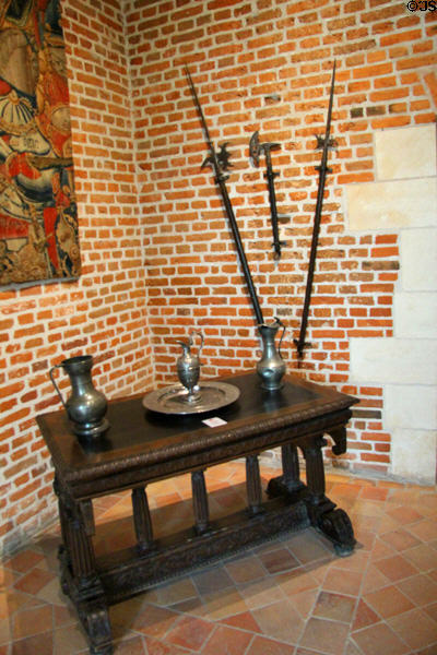 Two halberds & a tinel, weapons used in Renaissance, on wall of Great Hall at Château de Clos Lucé. Amboise, France.
