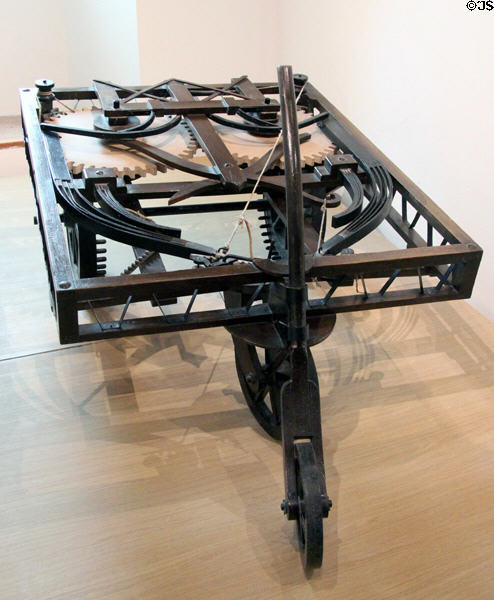 First self-propelled car model developed from Da Vinci drawing in Model Room at Château de Clos Lucé. Amboise, France.