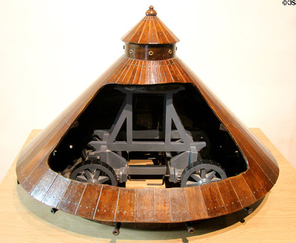 Armored tank model developed from Da Vinci drawing in Model Room at Château de Clos Lucé. Amboise, France.