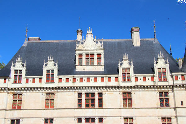 The steep slate roof & finely carved dormer windows of Château d'Azay-le-Rideau. Azay-le-Rideau, France.