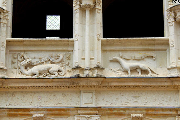 Decorative carving of Salamander & ermine representing François I & his queen, Claude of France on Château d'Azay-le-Rideau. Azay-le-Rideau, France.