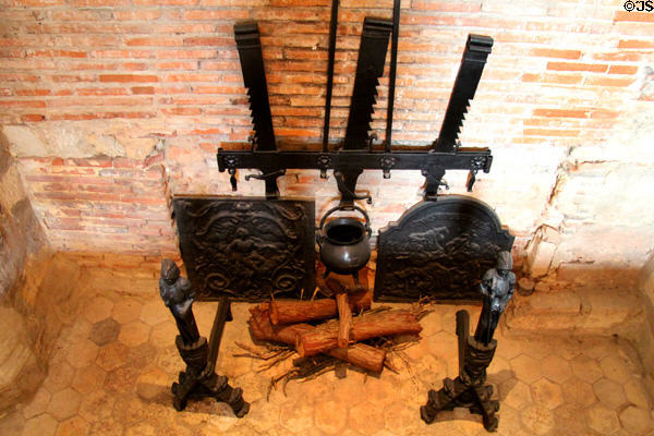 Fireplace with trammel hooks in kitchen of Château d'Azay-le-Rideau. Azay-le-Rideau, France.