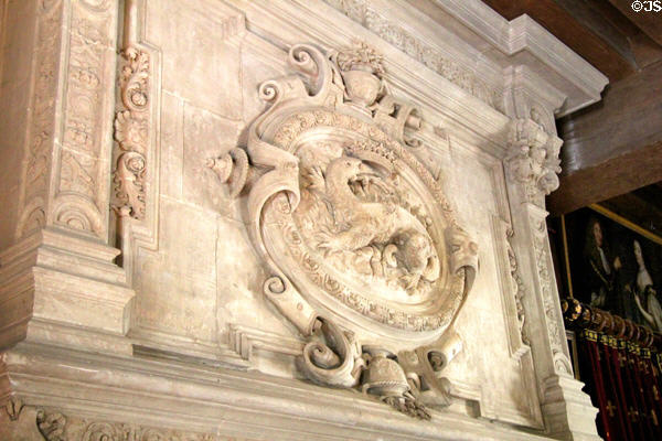 Salamander medallion on fireplace in Biencourt Salon at Château d'Azay-le-Rideau. Azay-le-Rideau, France.