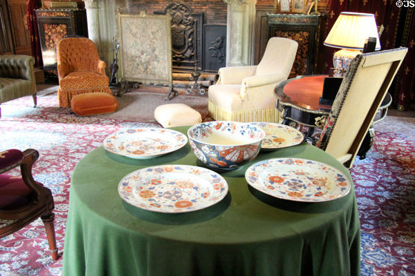 Round table & comfortable chairs in Biencourt Salon at Château d'Azay-le-Rideau. Azay-le-Rideau, France.