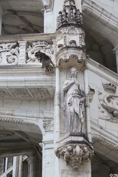 Details of external spiral staircase of François I Renaissance wing at Blois Chateau. Blois, France.