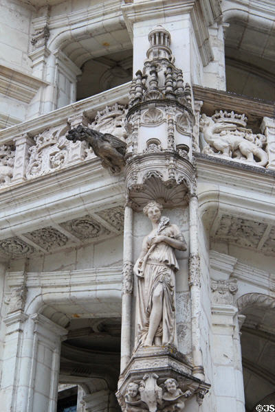 Details of external spiral staircase of François I Renaissance wing at Blois Chateau. Blois, France.